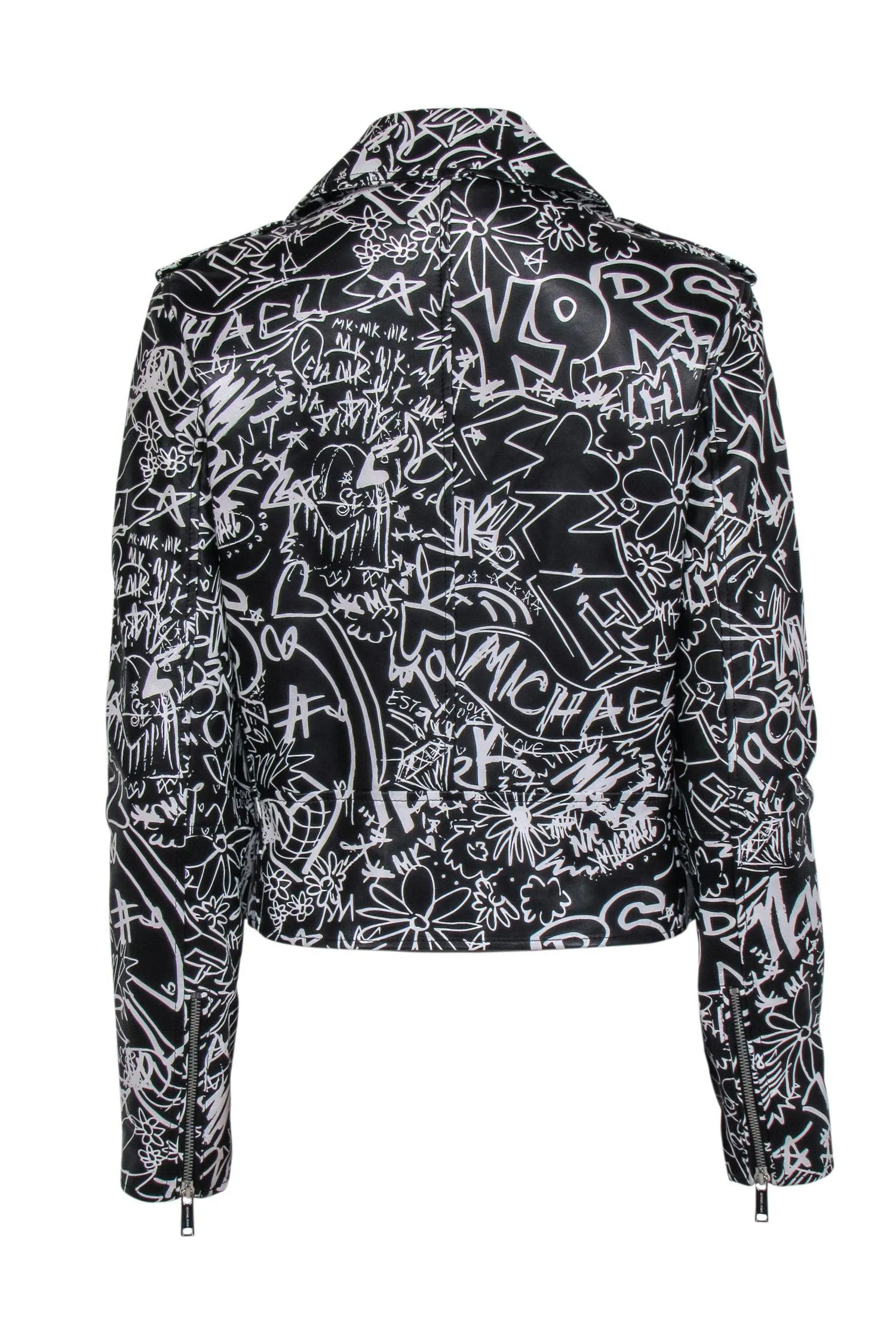 Michael Kors - Black & White Graffiti Leather Moto Jacket Sz M