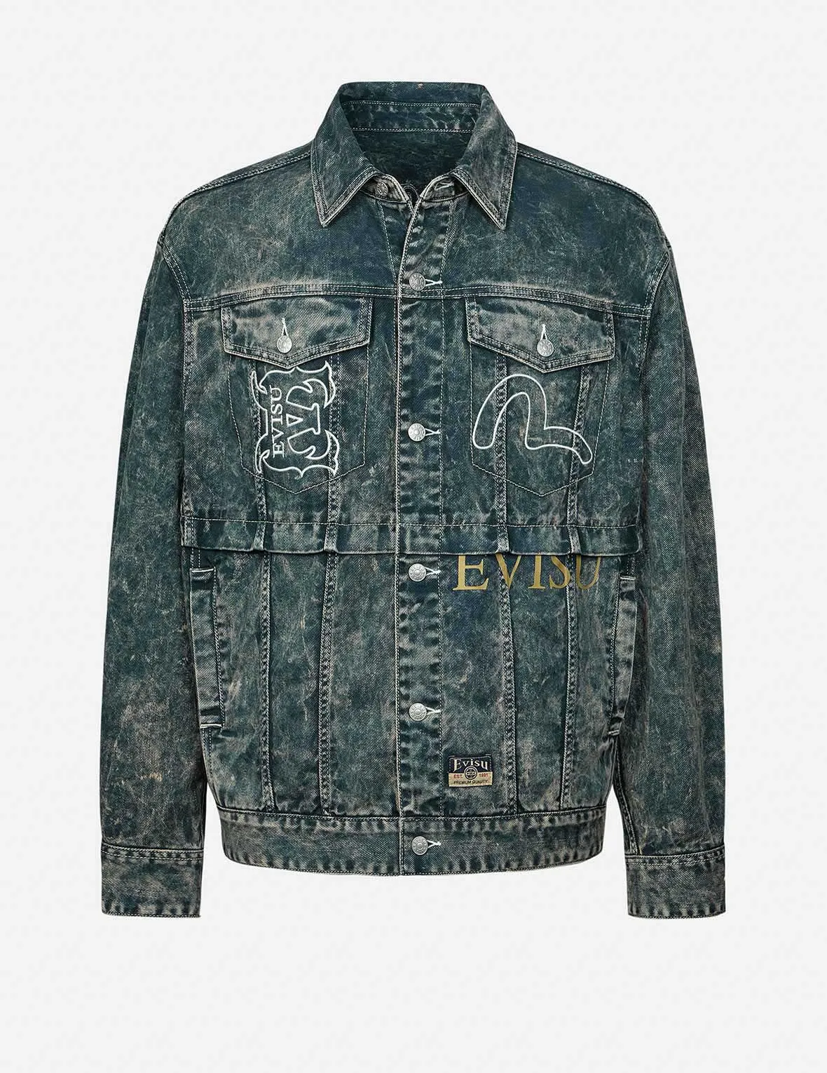 Multi-Print and Embroidery Acid-Wash Fashion Fit Denim Jacket