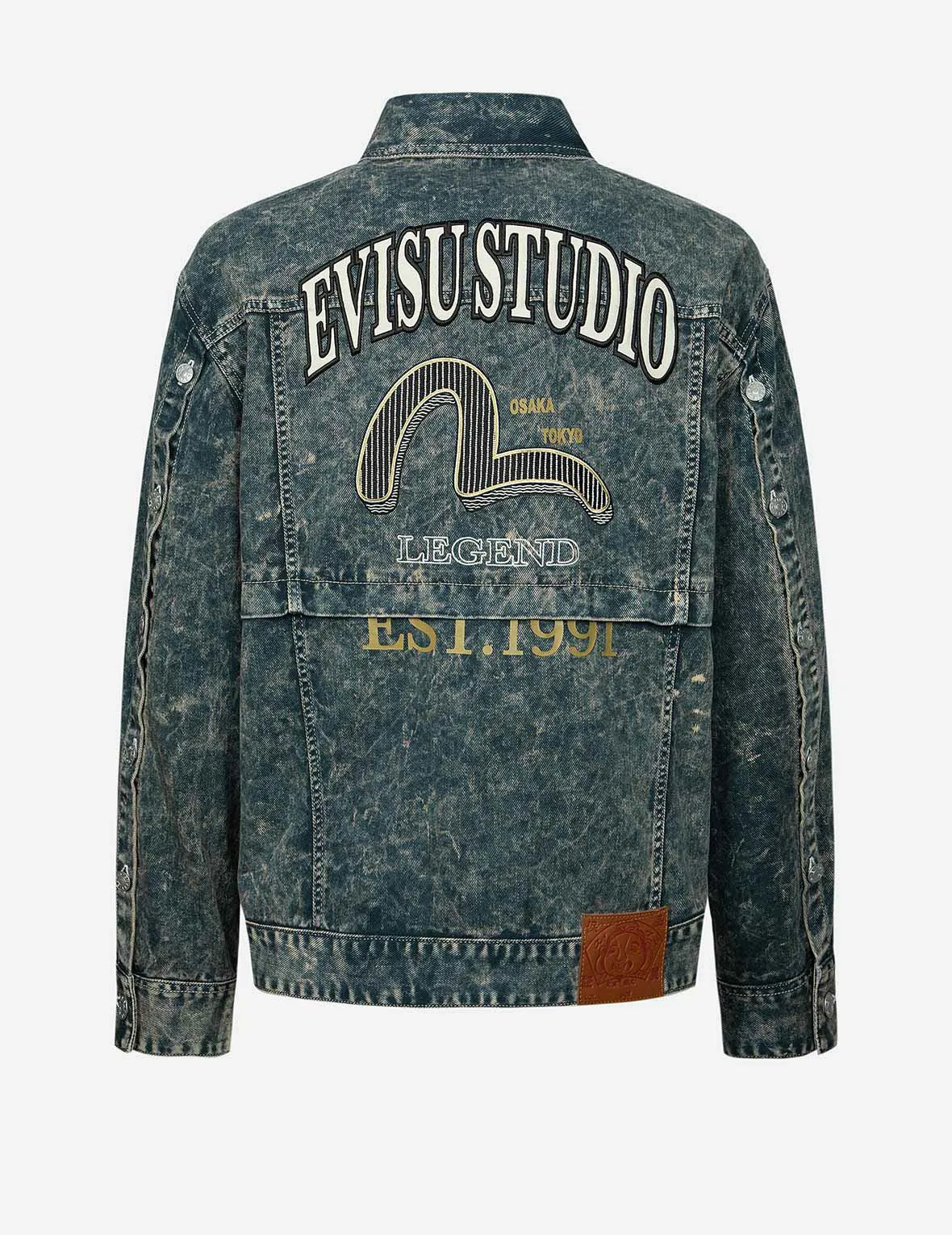 Multi-Print and Embroidery Acid-Wash Fashion Fit Denim Jacket