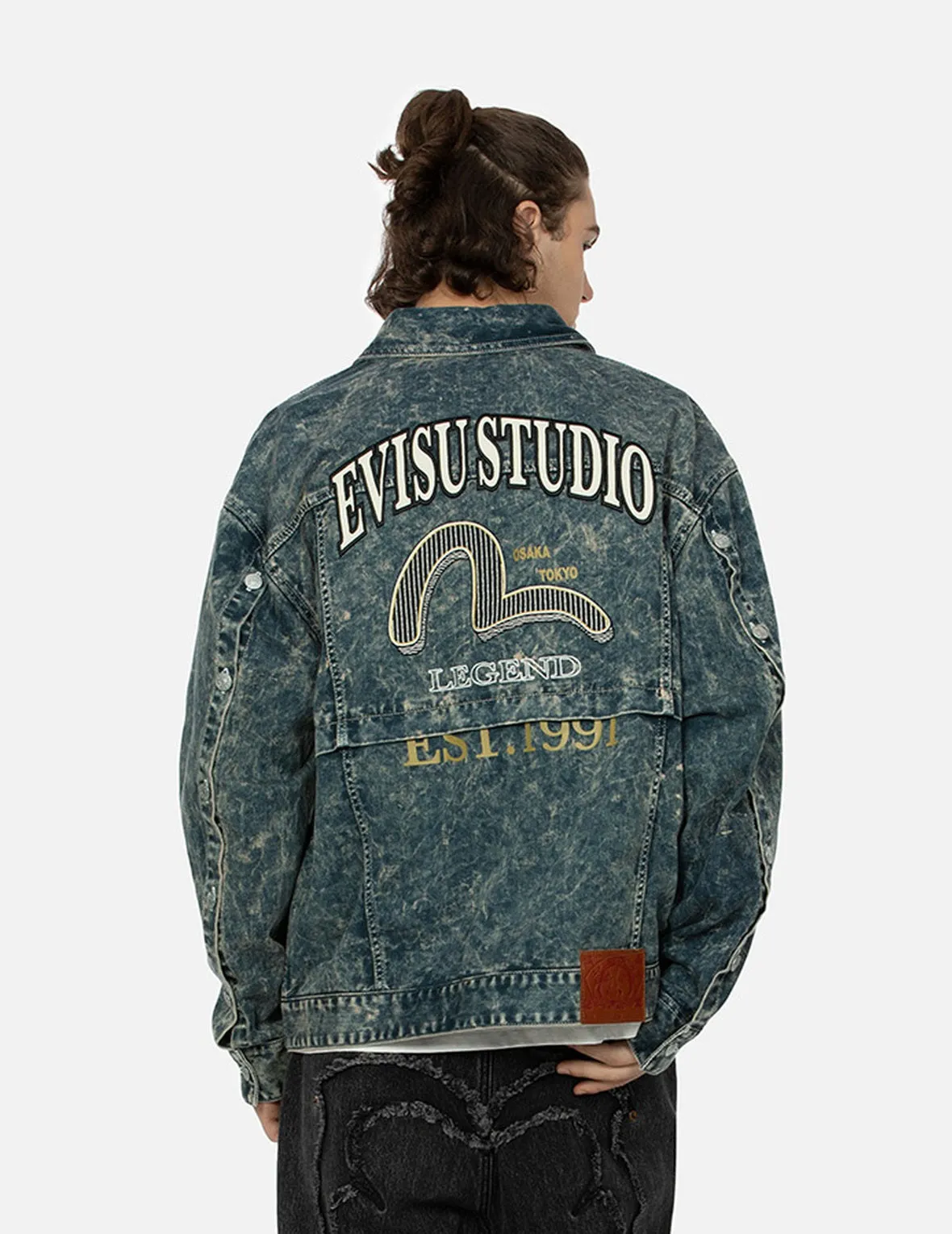 Multi-Print and Embroidery Acid-Wash Fashion Fit Denim Jacket