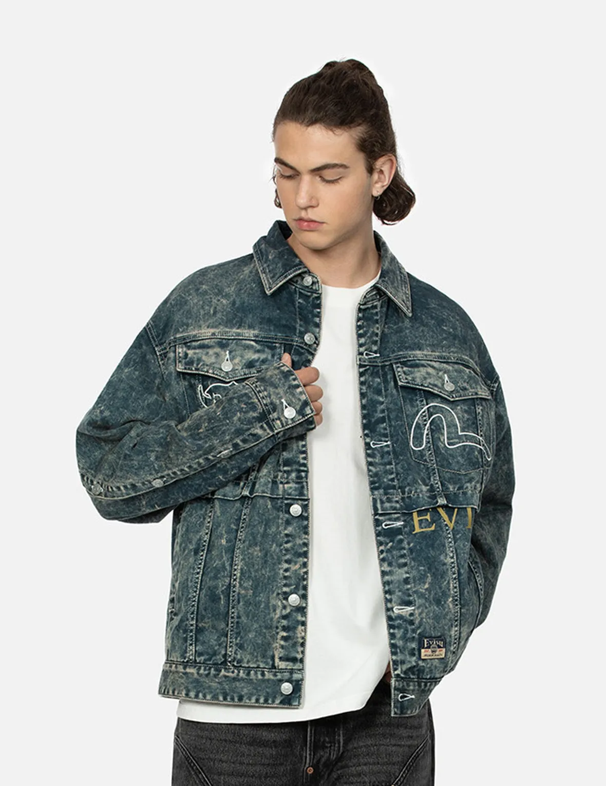 Multi-Print and Embroidery Acid-Wash Fashion Fit Denim Jacket