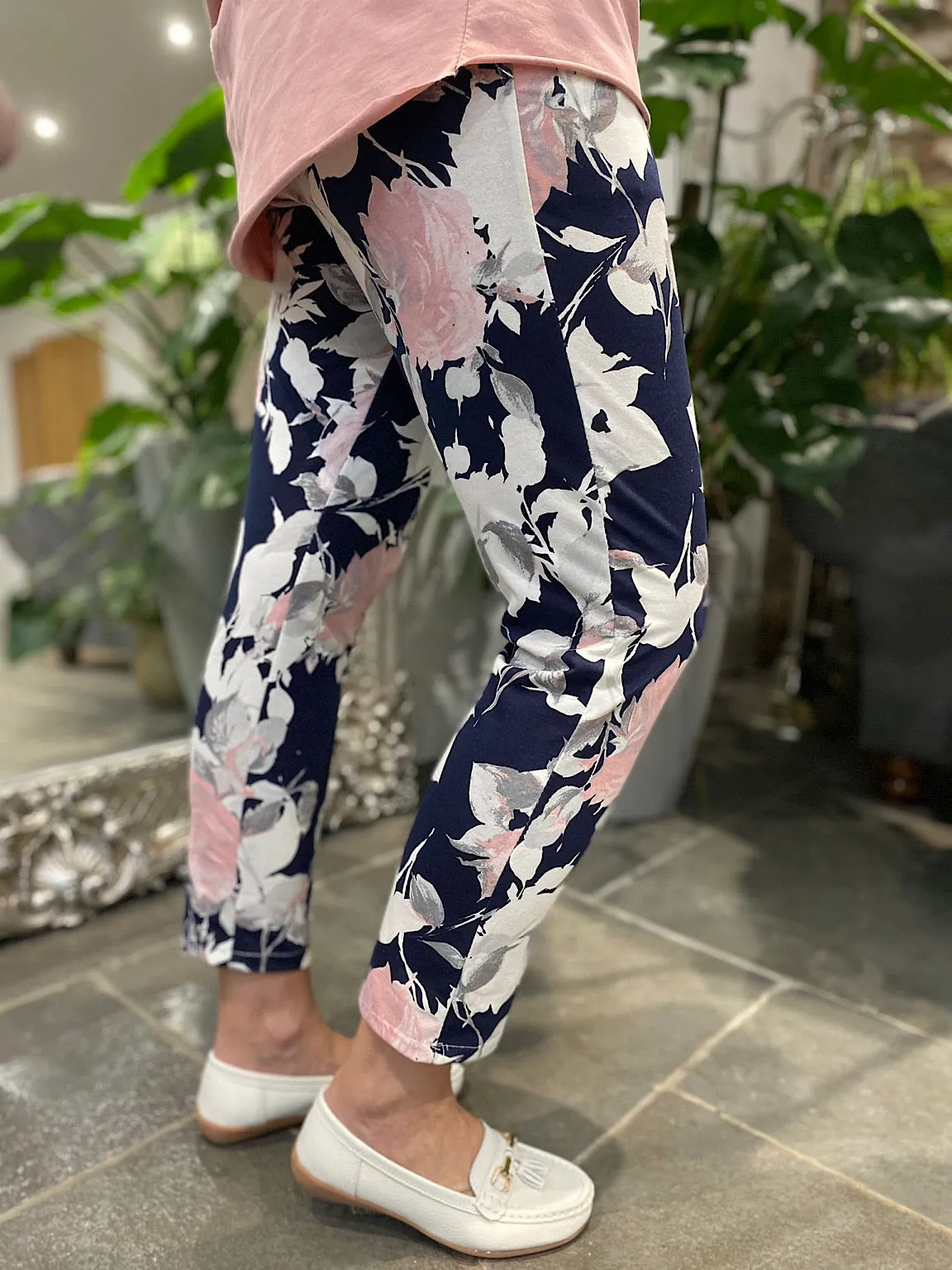 Navy Rose Print Joggers