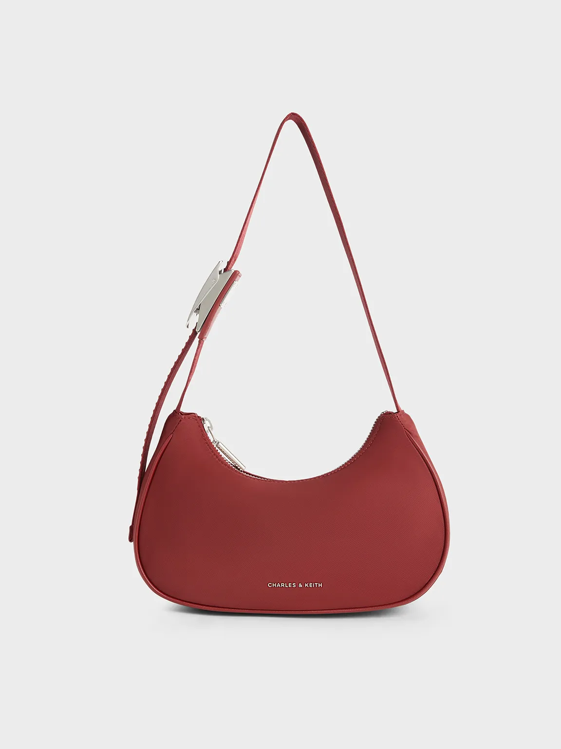 Nylon Curved Metallic-Accent Shoulder Bag - Red