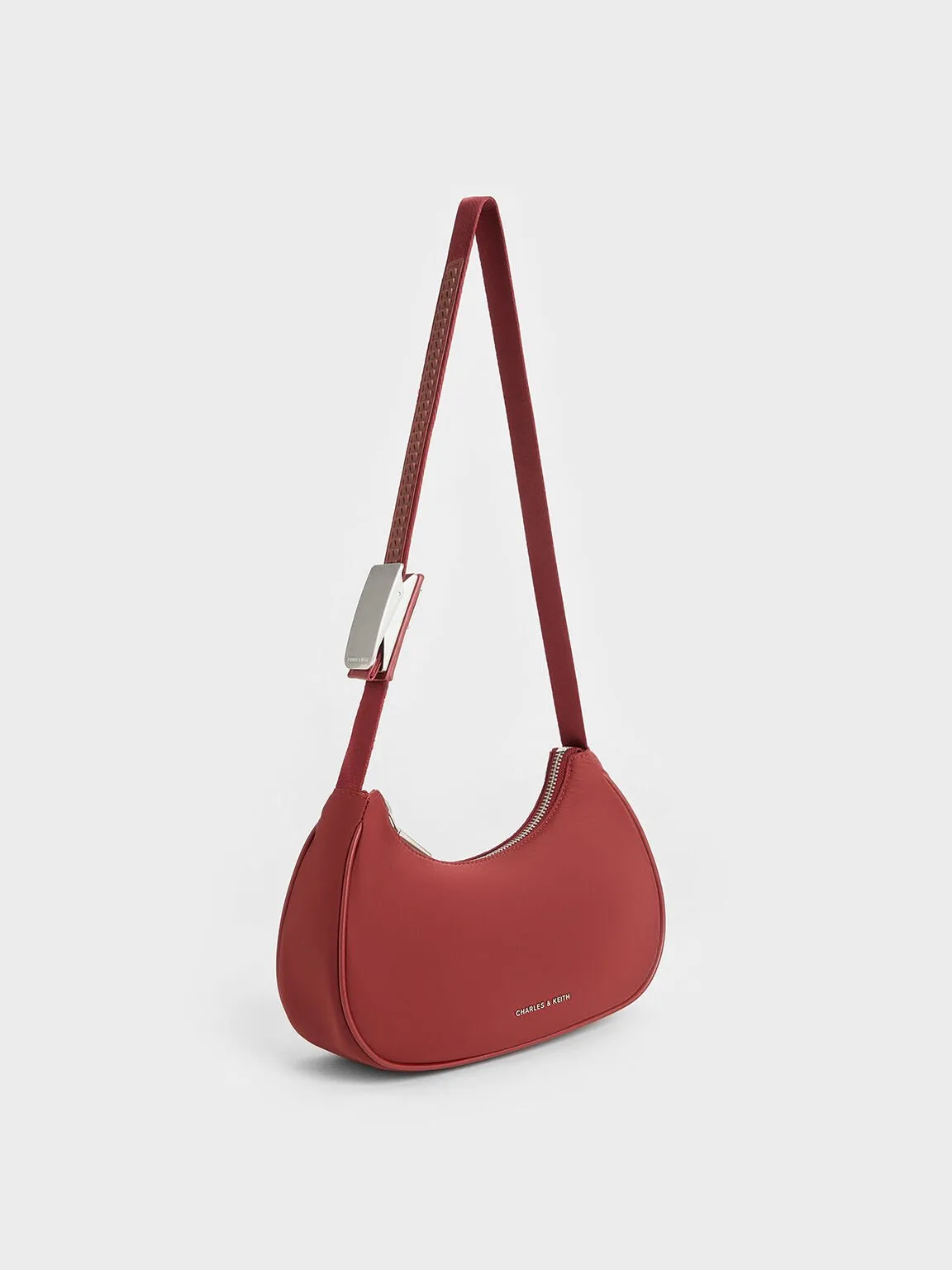 Nylon Curved Metallic-Accent Shoulder Bag - Red