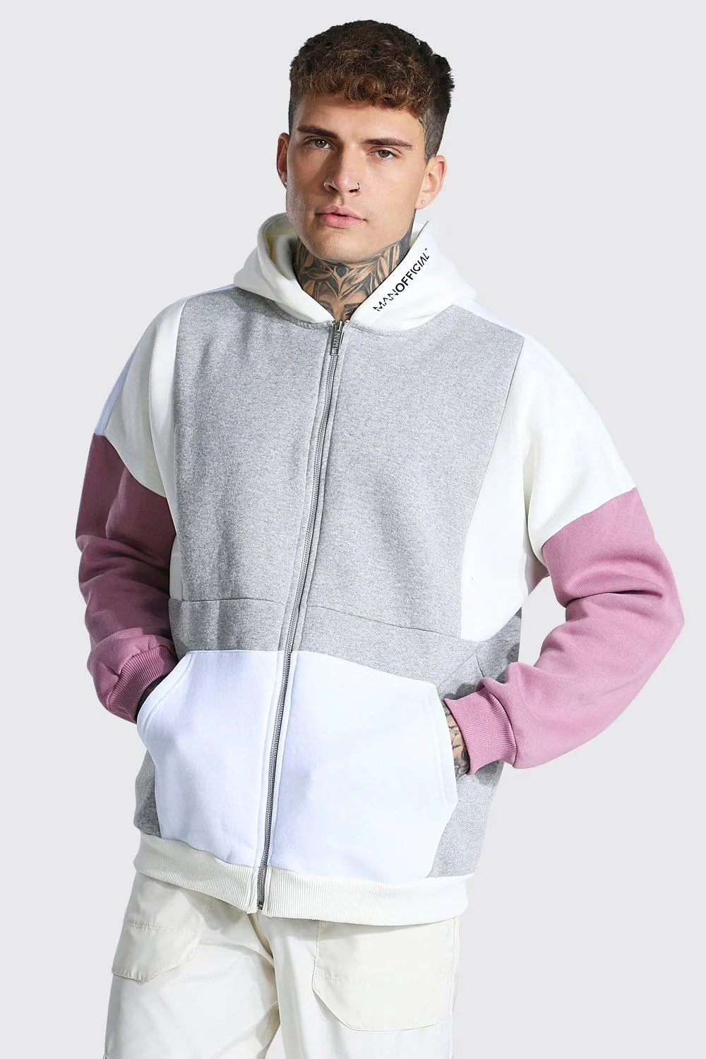 Oversized Man Zip Through Colour Block Hoodie | boohooMAN UK