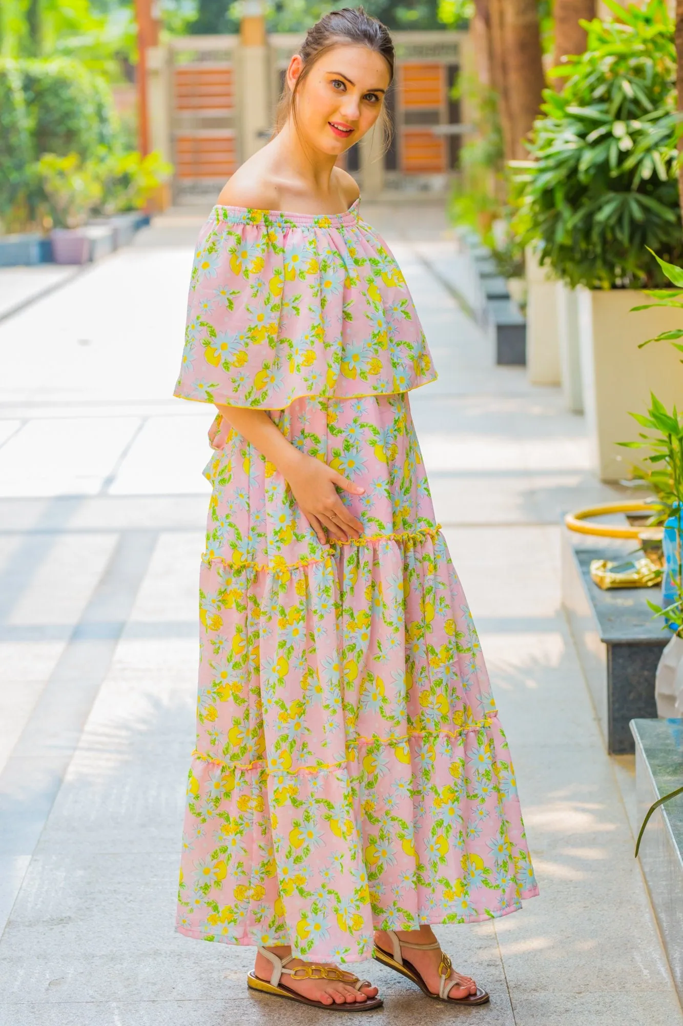 Pink Mint Off-Shoulder Maternity Maxi Dress