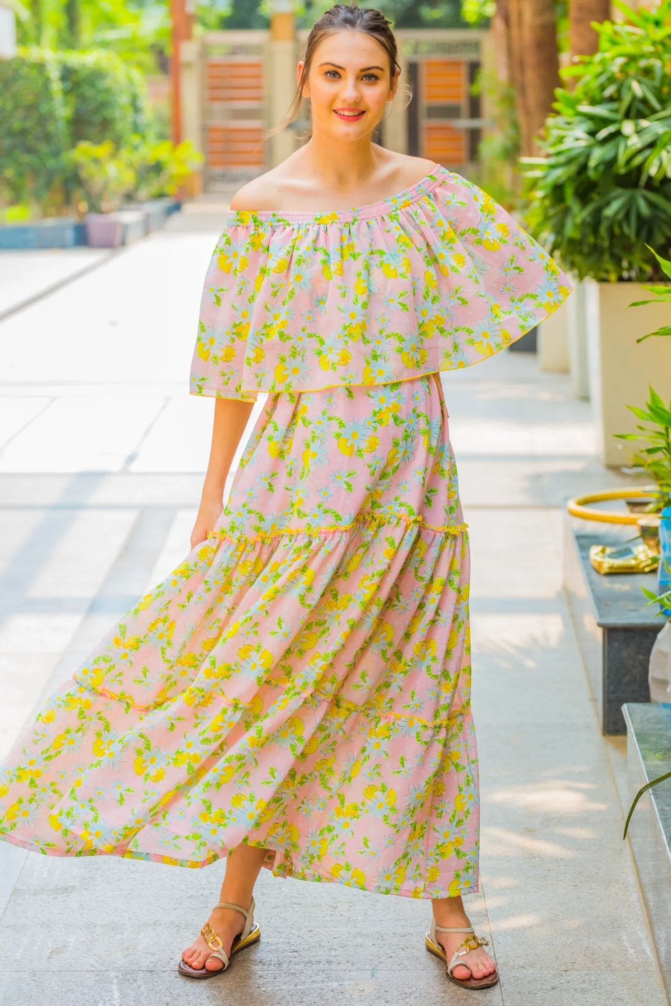 Pink Mint Off-Shoulder Maternity Maxi Dress