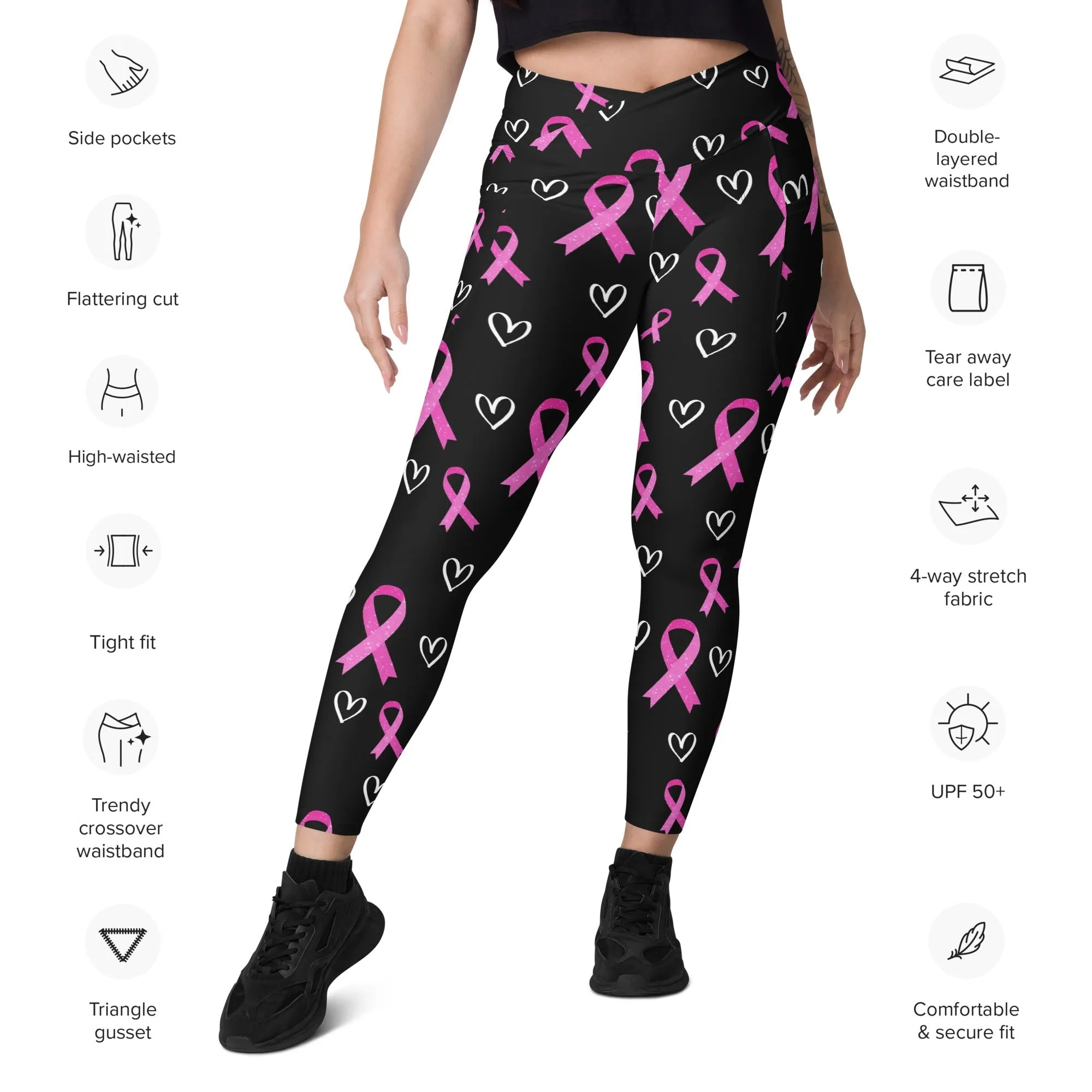 Pink Ribbon Crossover Leggings With Pockets