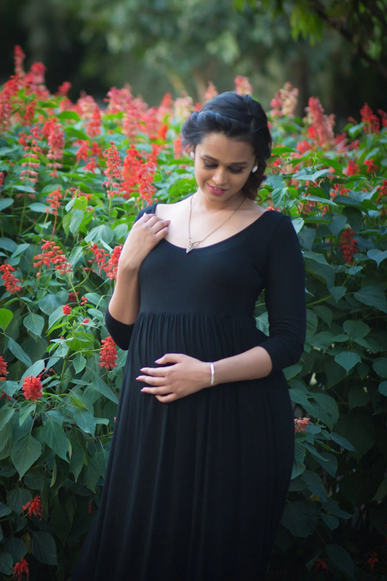 Premium Black Gathered Maternity Dress