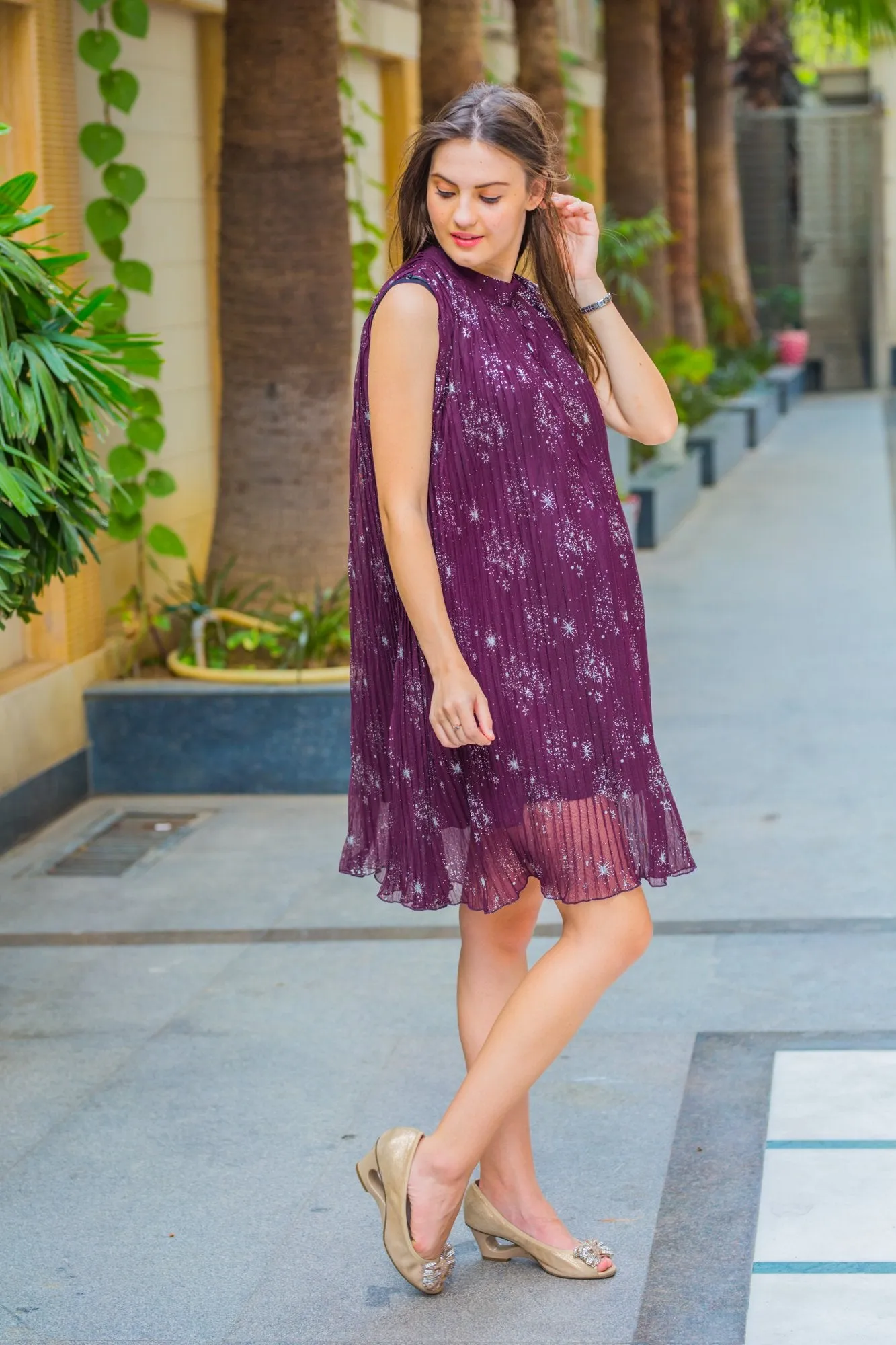 Premium Mulberry Pleated Maternity & Nursing Dress