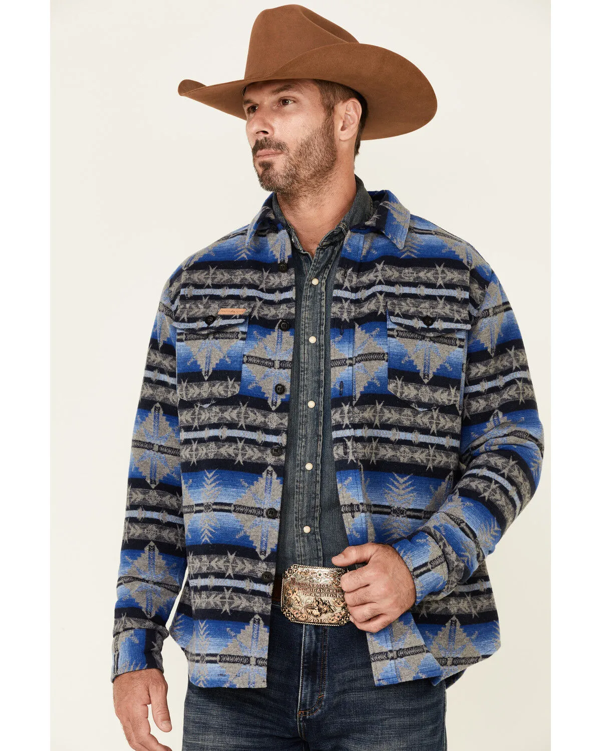 Product Name:  Powder River Outfitters Men's Blue Southwestern Print Button-Front Wool Shirt Jacket