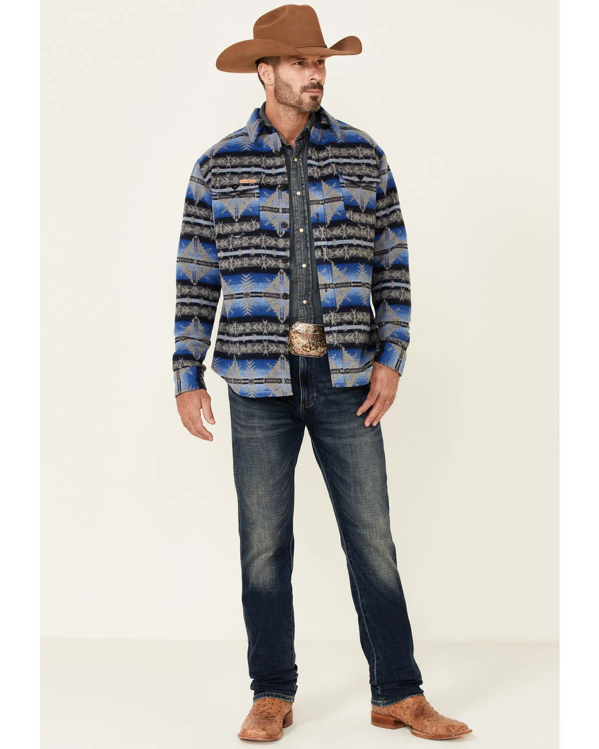 Product Name:  Powder River Outfitters Men's Blue Southwestern Print Button-Front Wool Shirt Jacket