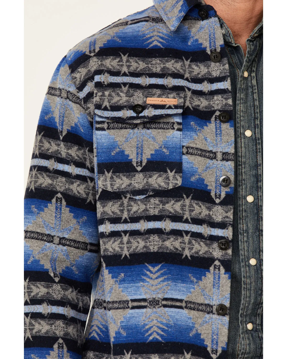 Product Name:  Powder River Outfitters Men's Blue Southwestern Print Button-Front Wool Shirt Jacket