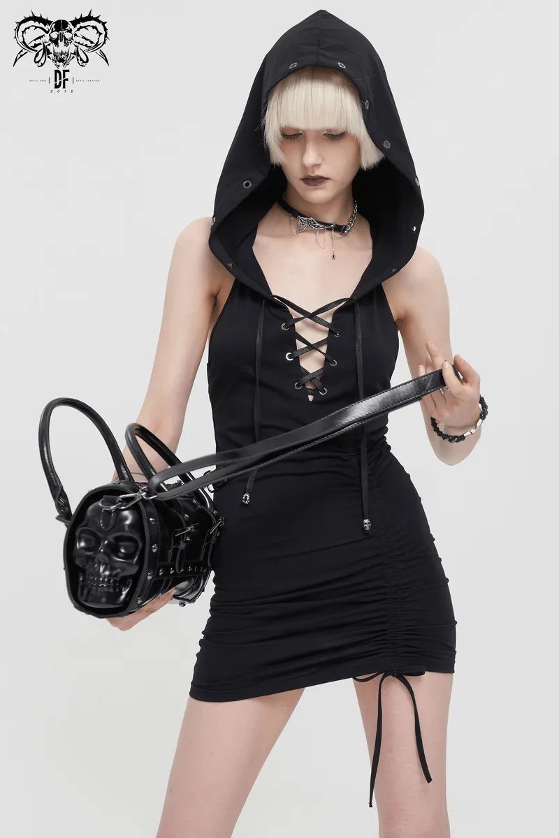 Punk Skull Rivets PU Leather Bag / Gothic Black Handbag with Detachable Shoulder Strap