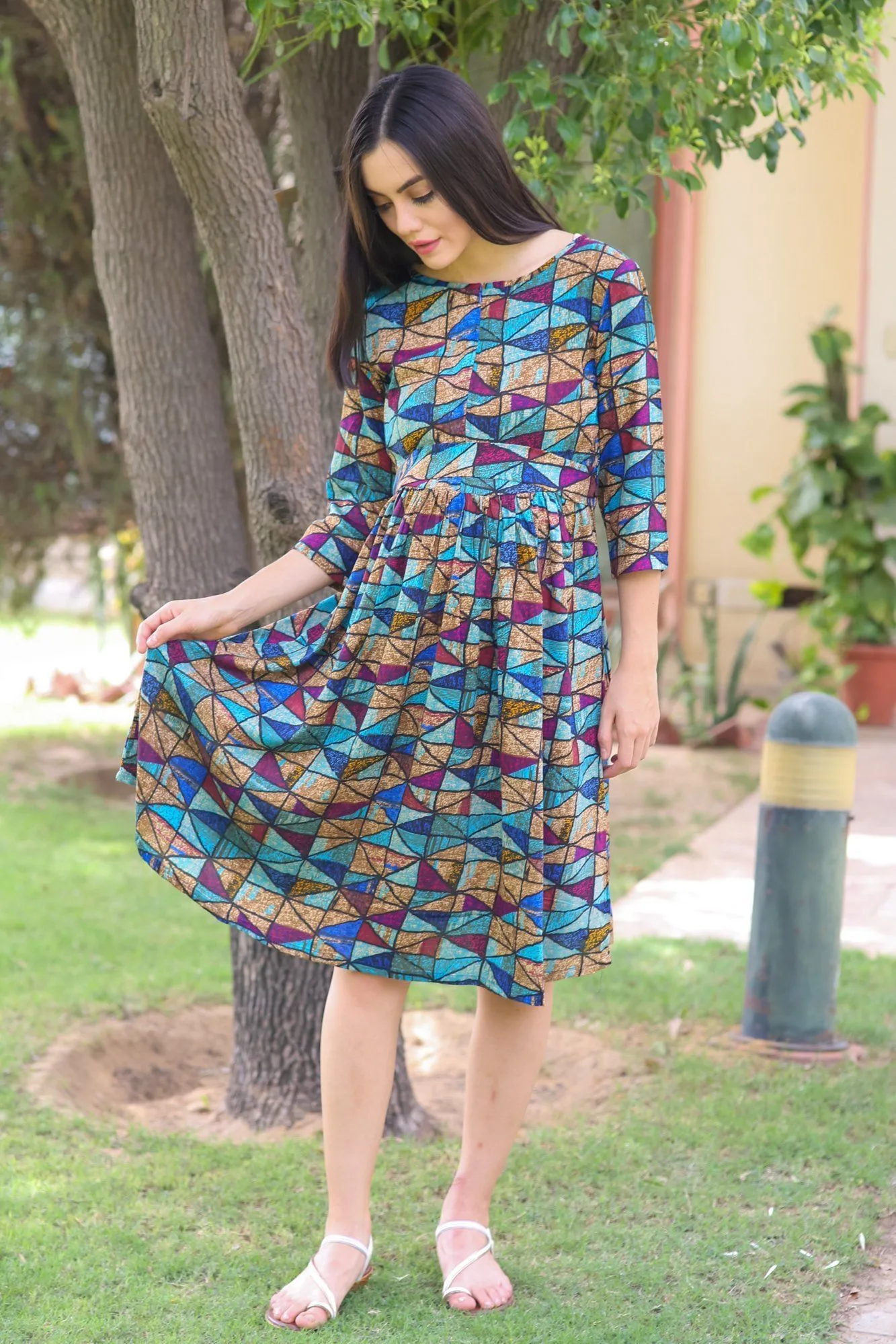 Quirky Blue Maternity & Nursing Swing Dress