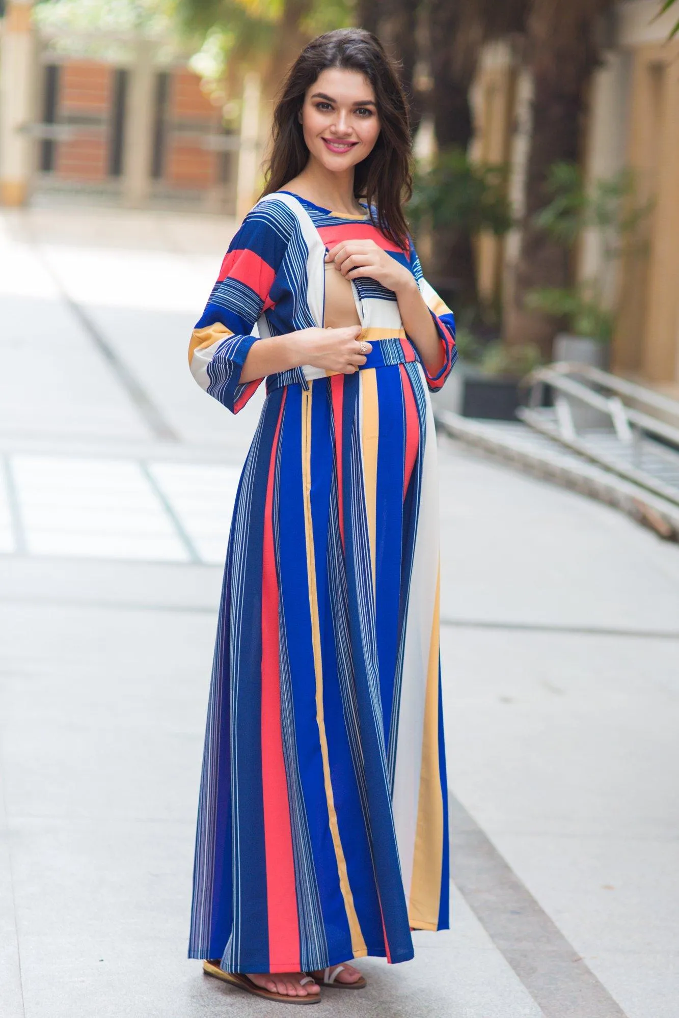 Rainbow Stripe Crepe Maternity & Nursing Maxi