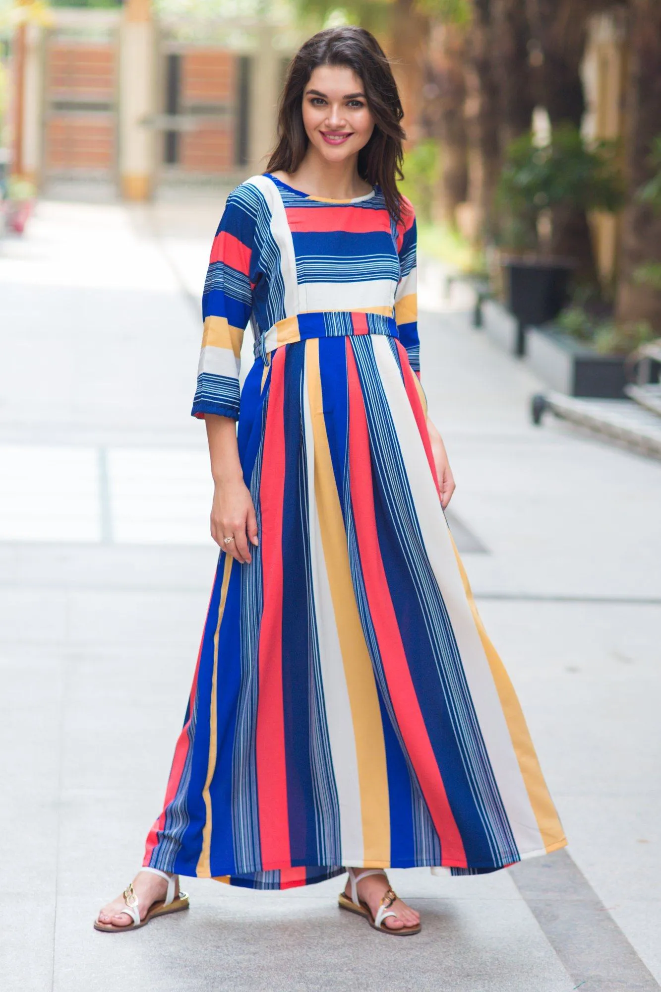 Rainbow Stripe Crepe Maternity & Nursing Maxi