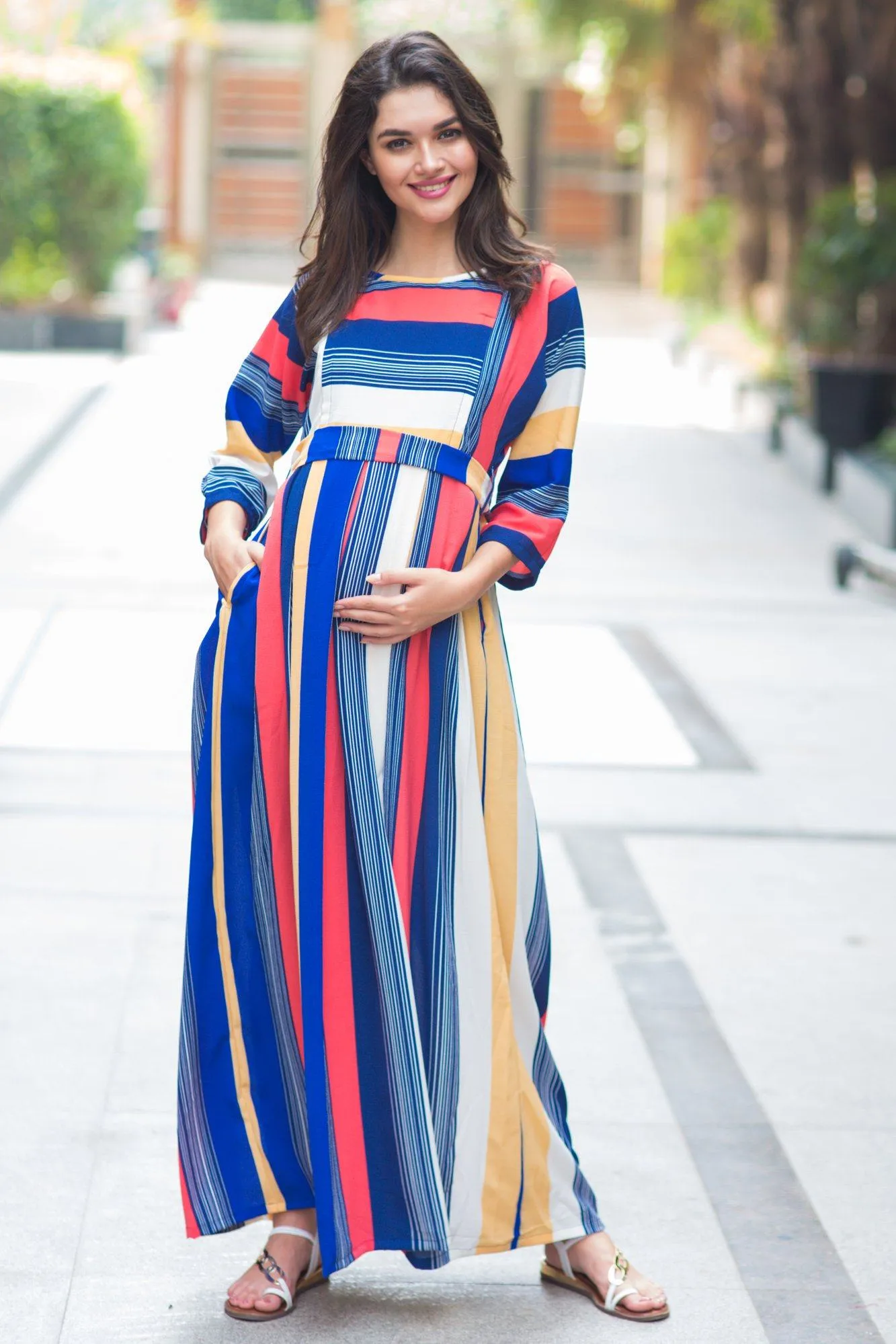 Rainbow Stripe Crepe Maternity & Nursing Maxi