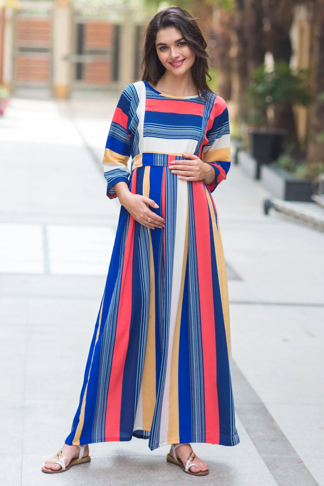 Rainbow Stripe Crepe Maternity & Nursing Maxi