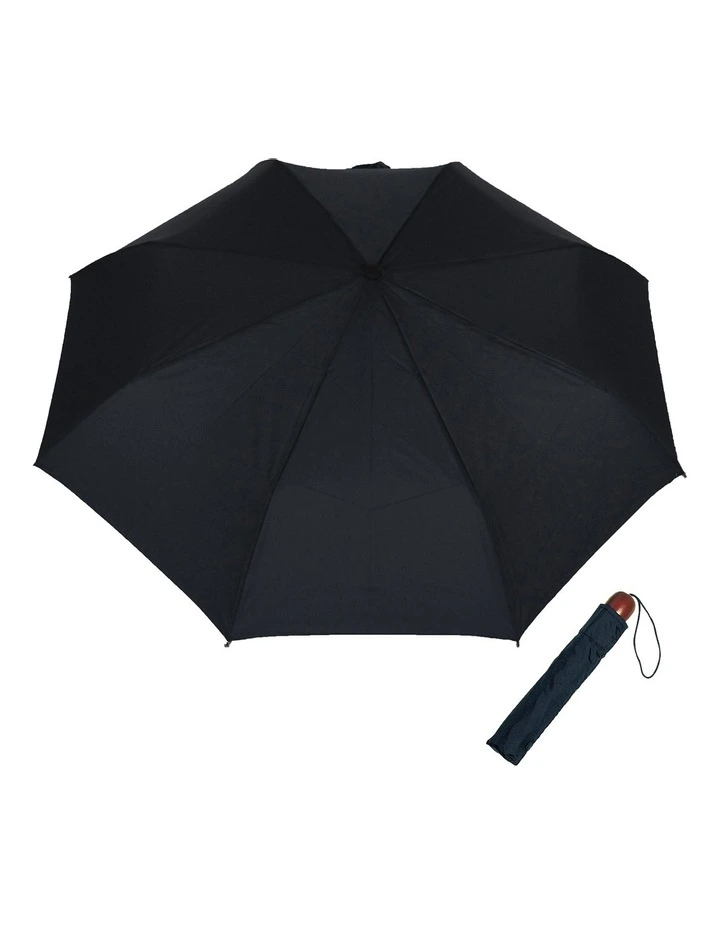 Shelta Mini Maxi Wooden Handle Folding Umbrella in Black