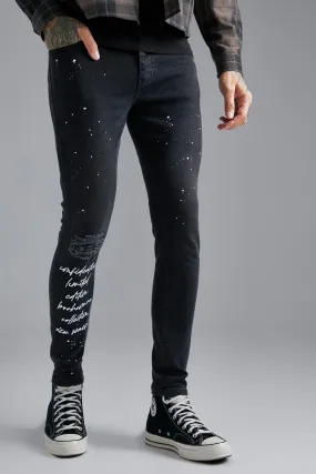 Skinny Ripped Paint Splatter Text Print Jeans