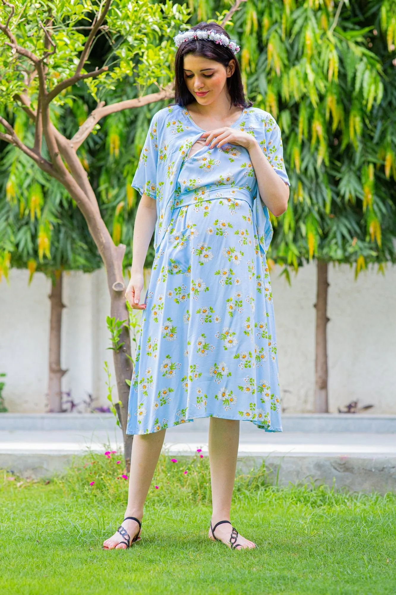 Sky Blue Maternity & Nursing Flap Dress