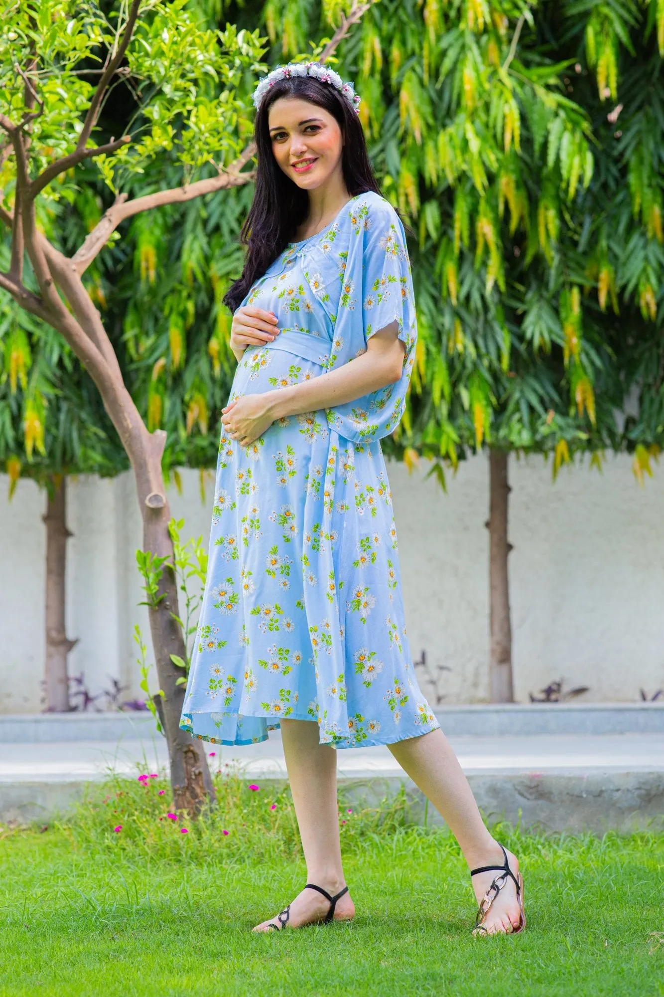 Sky Blue Maternity & Nursing Flap Dress