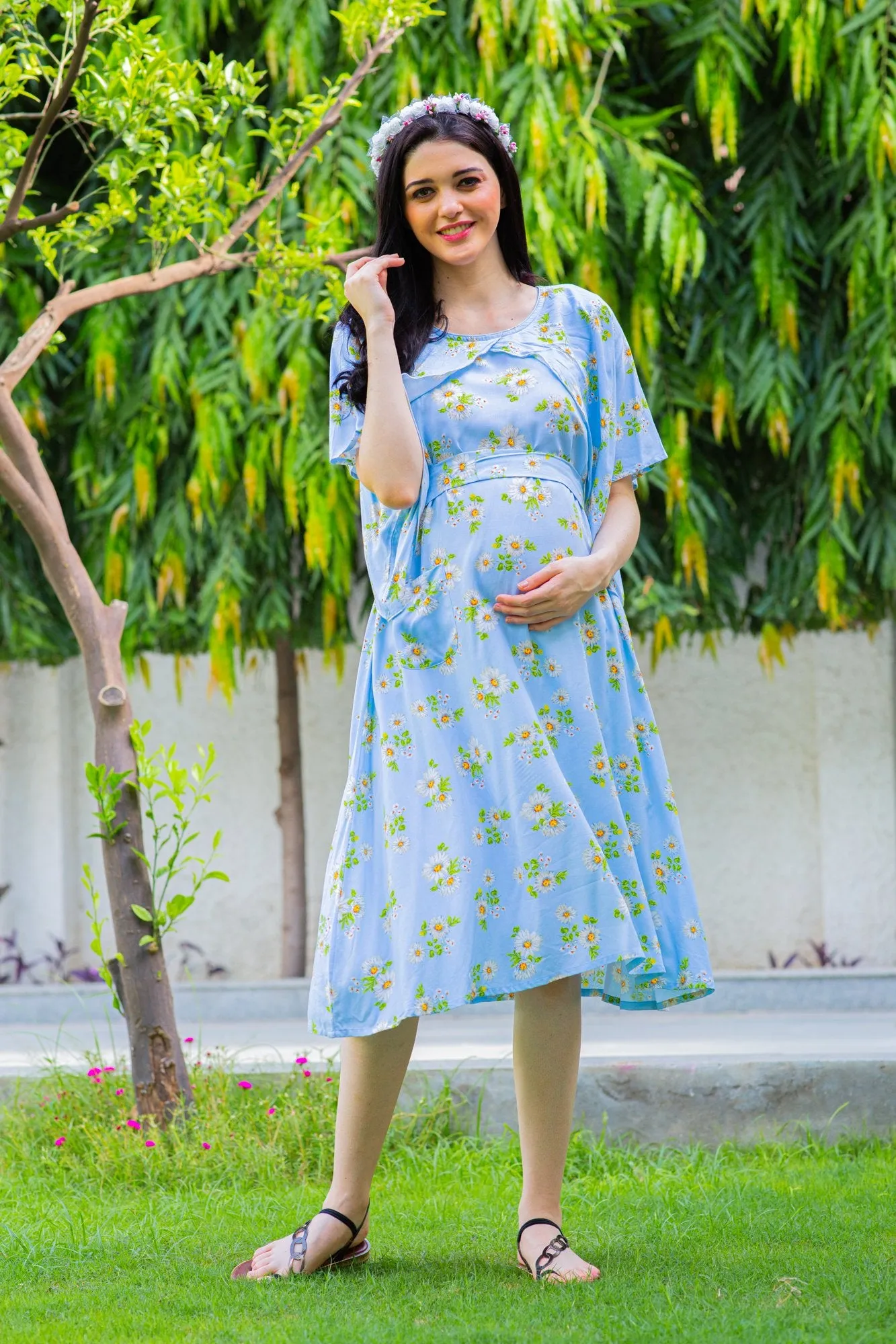 Sky Blue Maternity & Nursing Flap Dress