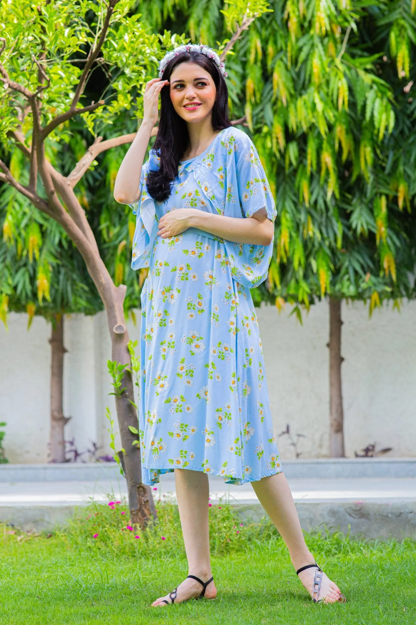 Sky Blue Maternity & Nursing Flap Dress