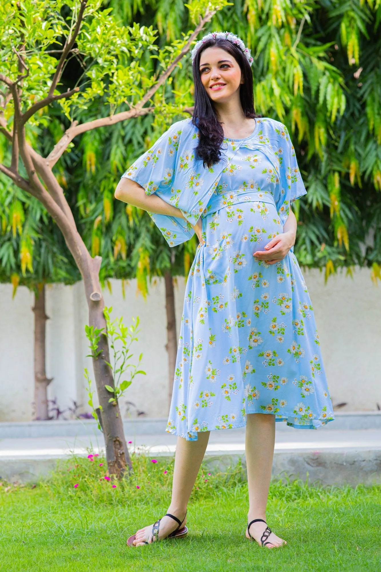 Sky Blue Maternity & Nursing Flap Dress