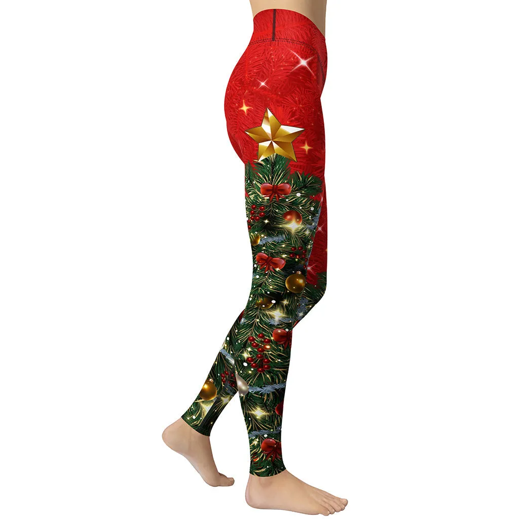 Sparkly Print Christmas Tree Yoga Leggings