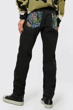 Straight Leg Tapestry Patch Pocket Jeans