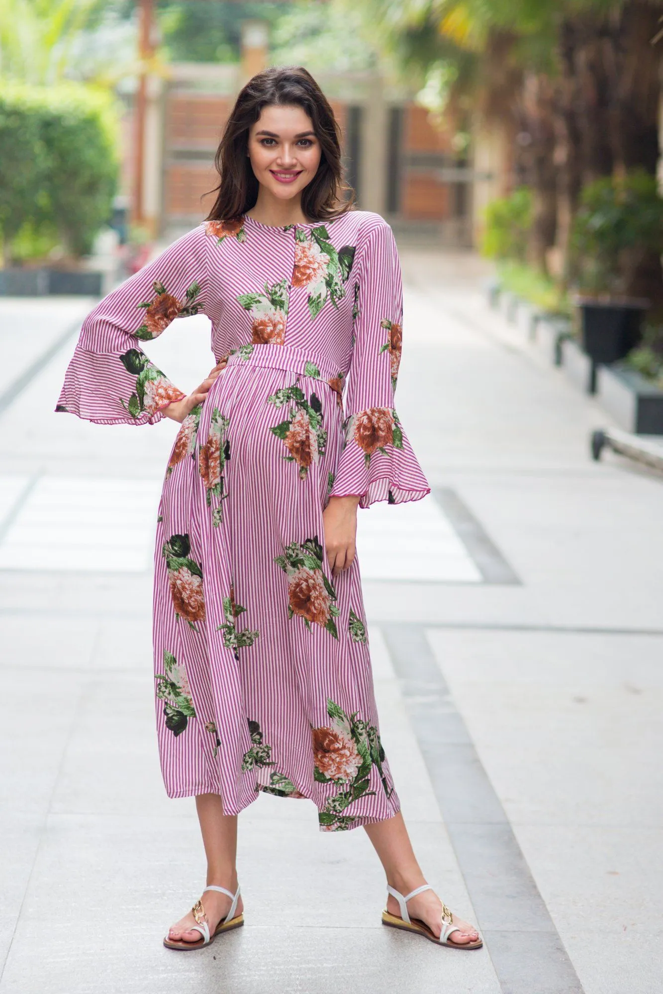 Striped Floral Boho Maternity & Nursing Dress