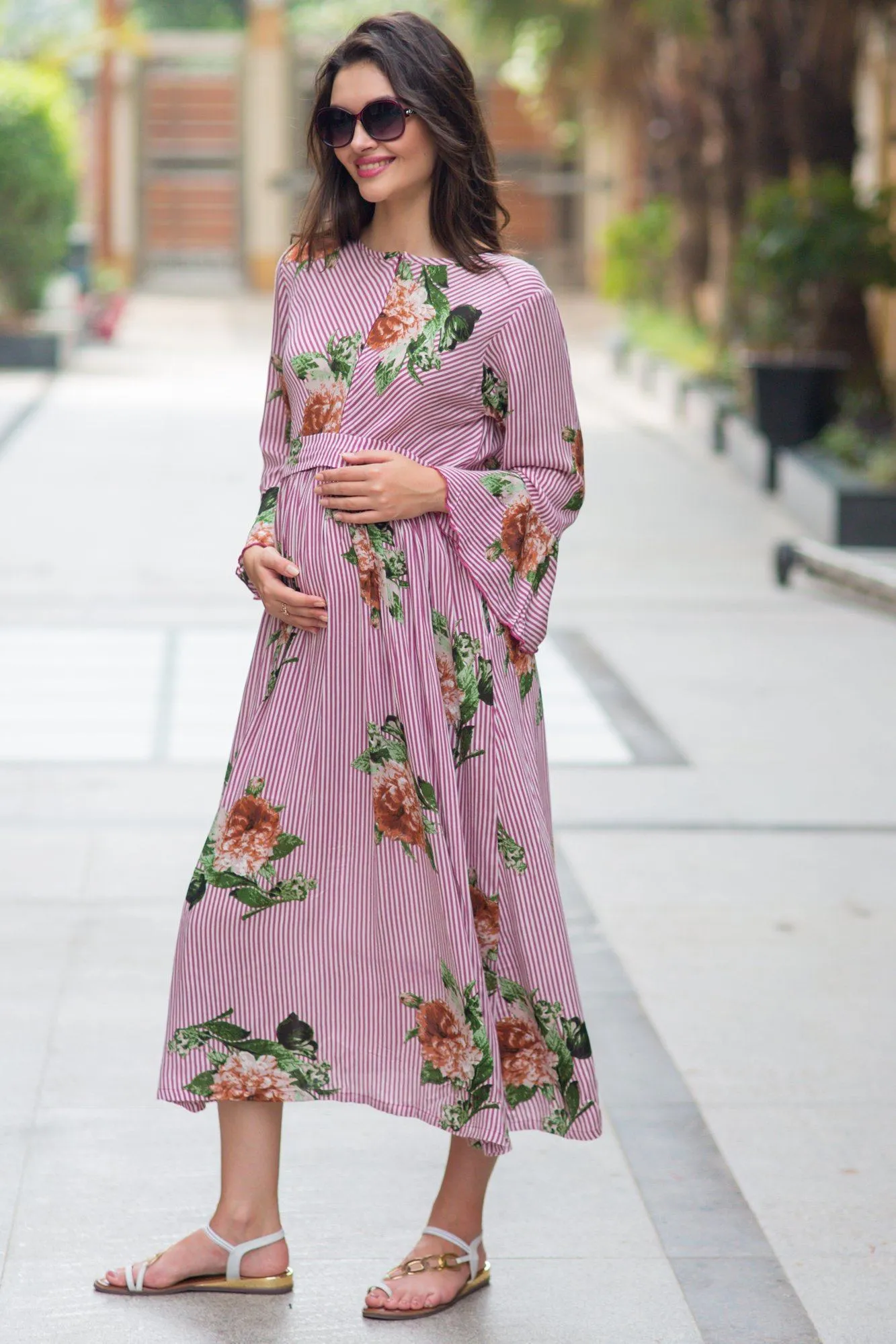 Striped Floral Boho Maternity & Nursing Dress