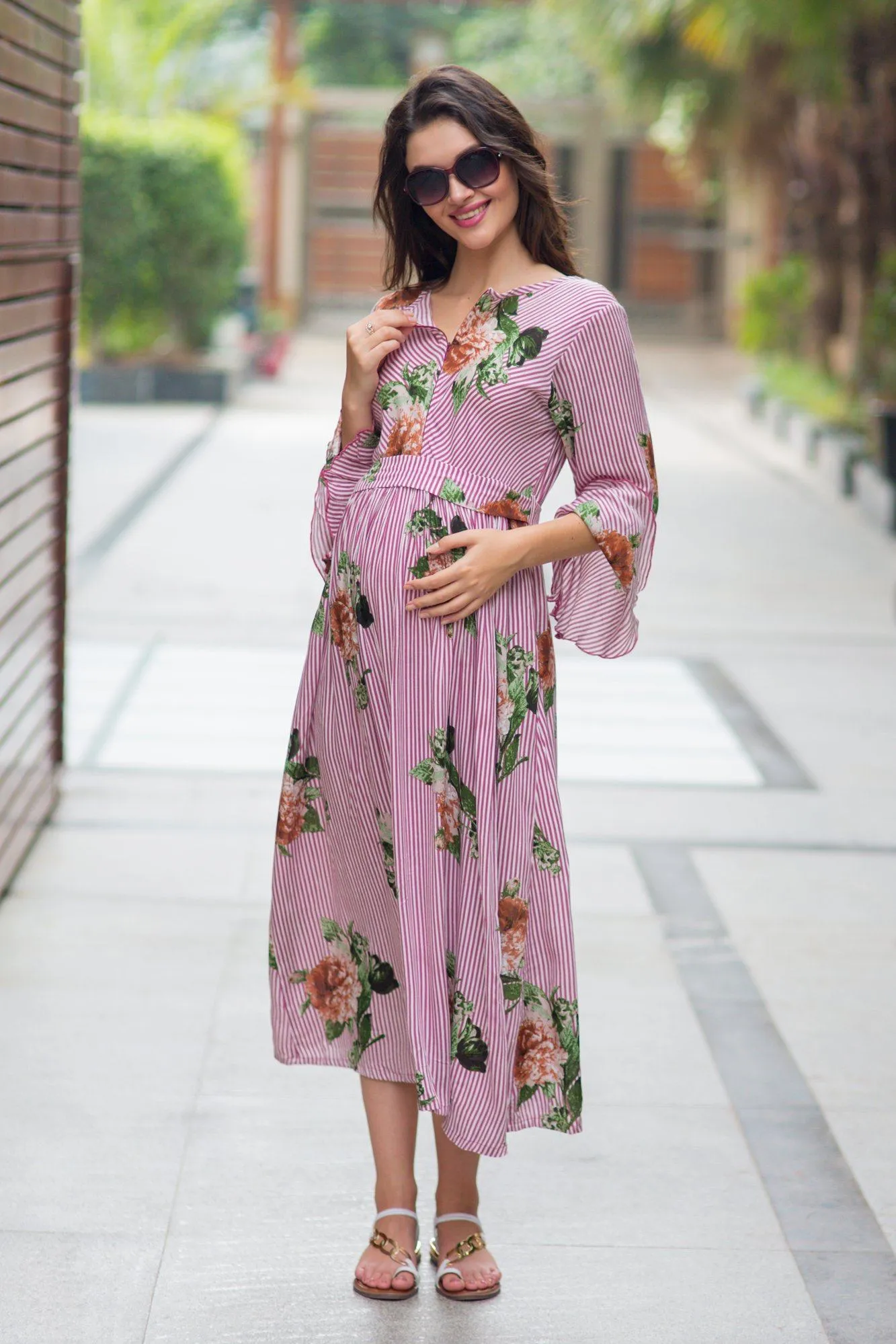 Striped Floral Boho Maternity & Nursing Dress