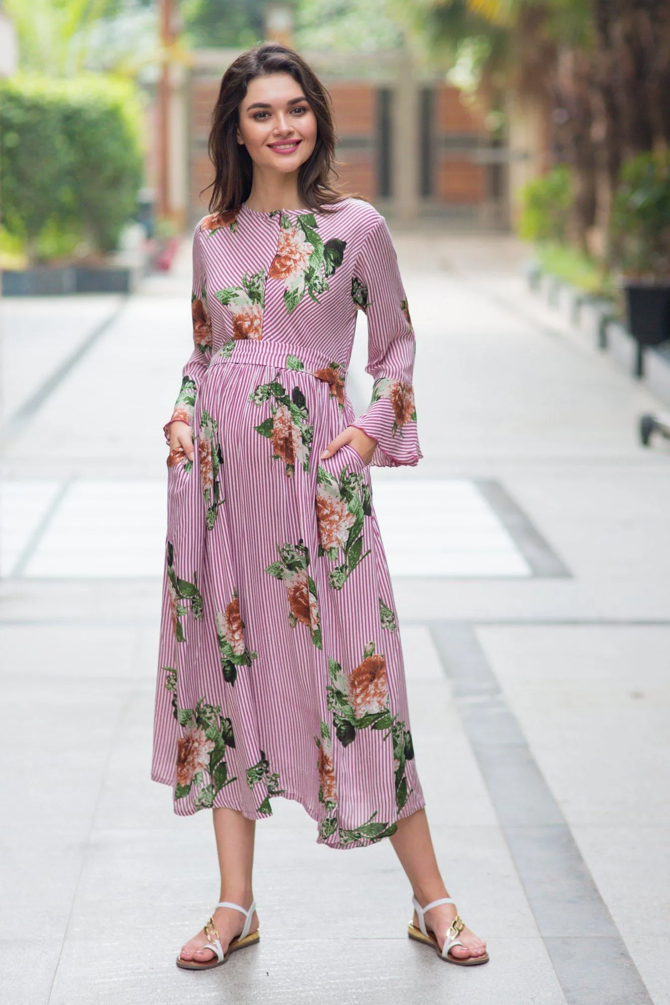 Striped Floral Boho Maternity & Nursing Dress