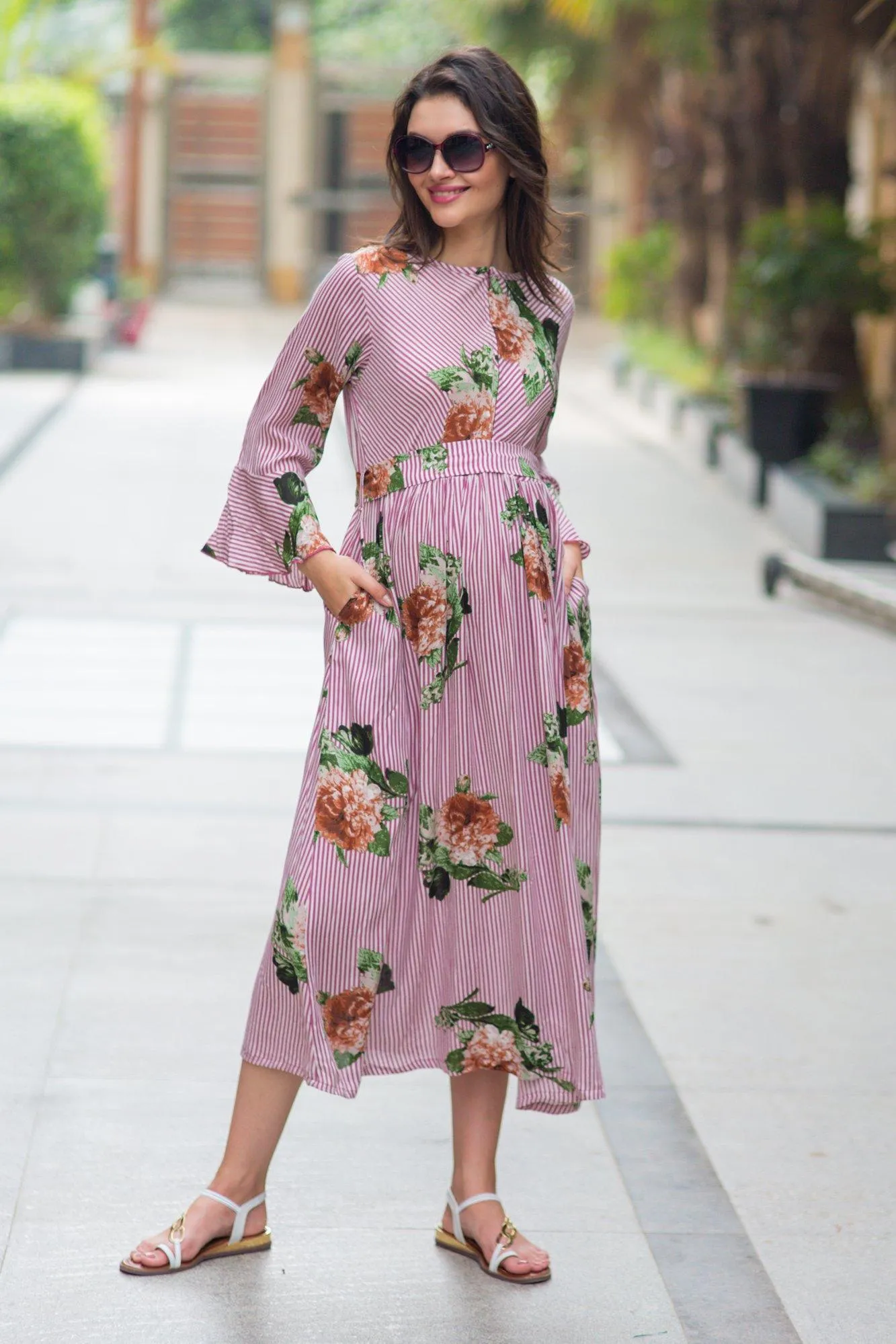 Striped Floral Boho Maternity & Nursing Dress