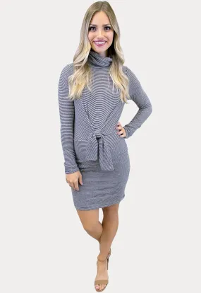 Striped Tie Front Maternity Dress in Charcoal