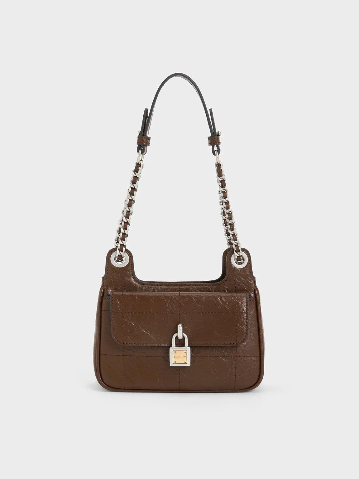 Suki Crinkle-Effect Padlock Shoulder Bag - Dark Brown