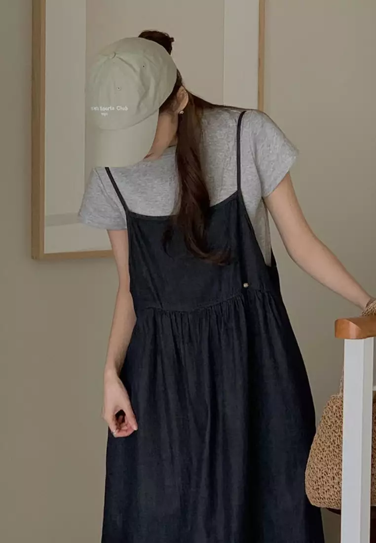 Sunnydaysweety French style simple vest denim dress K061305BK