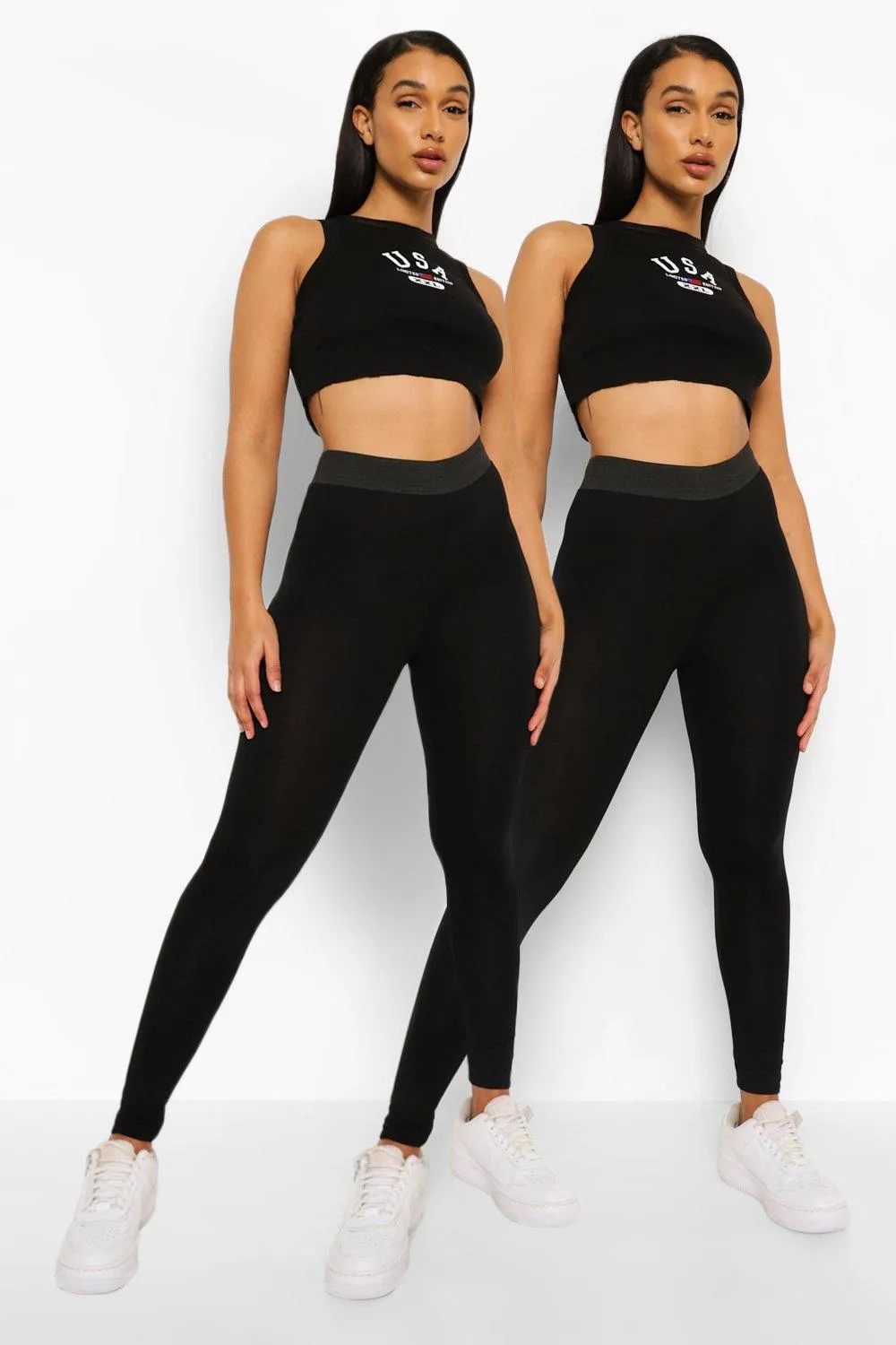 Two Pack Basic Contrast Waist Band Leggings