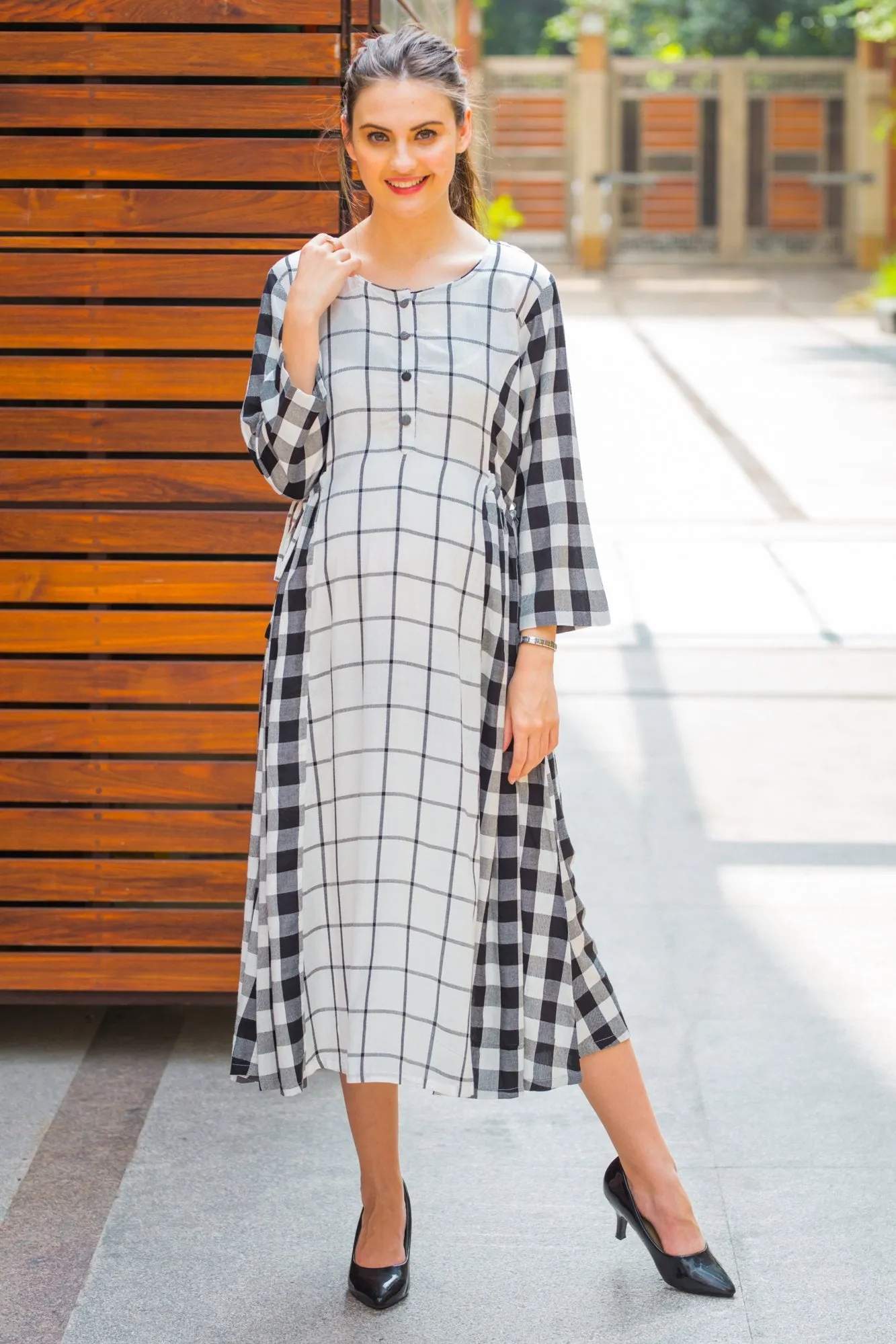 Universal Viscose Plaid Maternity & Nursing Dress