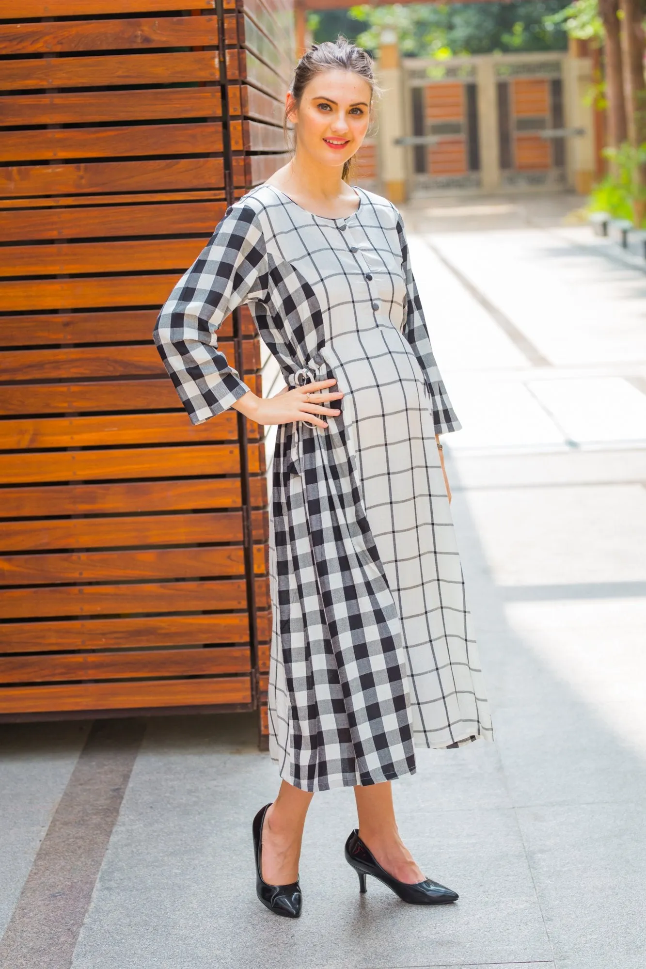 Universal Viscose Plaid Maternity & Nursing Dress