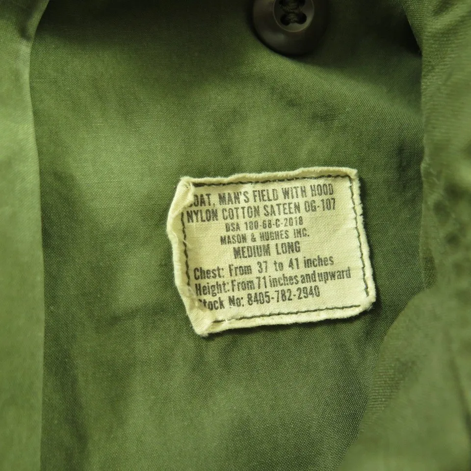 Vtg 60s Vietnam Era M-65 OG-107 Sateen Field Jacket Mens M Long